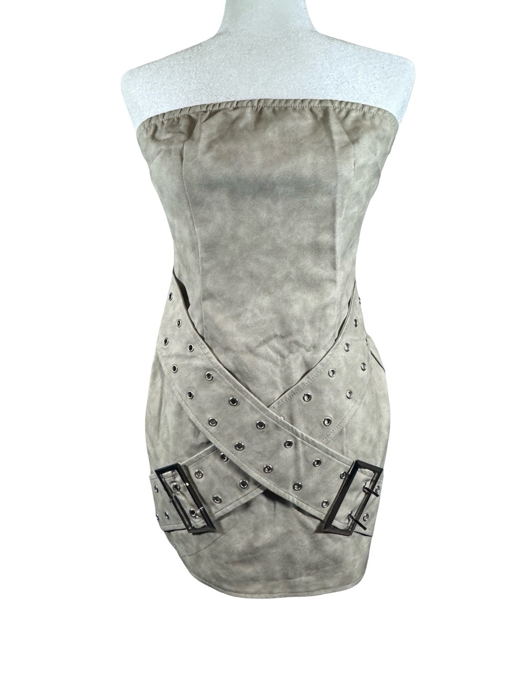 PrettyLittleThing Olive Green Strapless Suede-Look Mini Dress